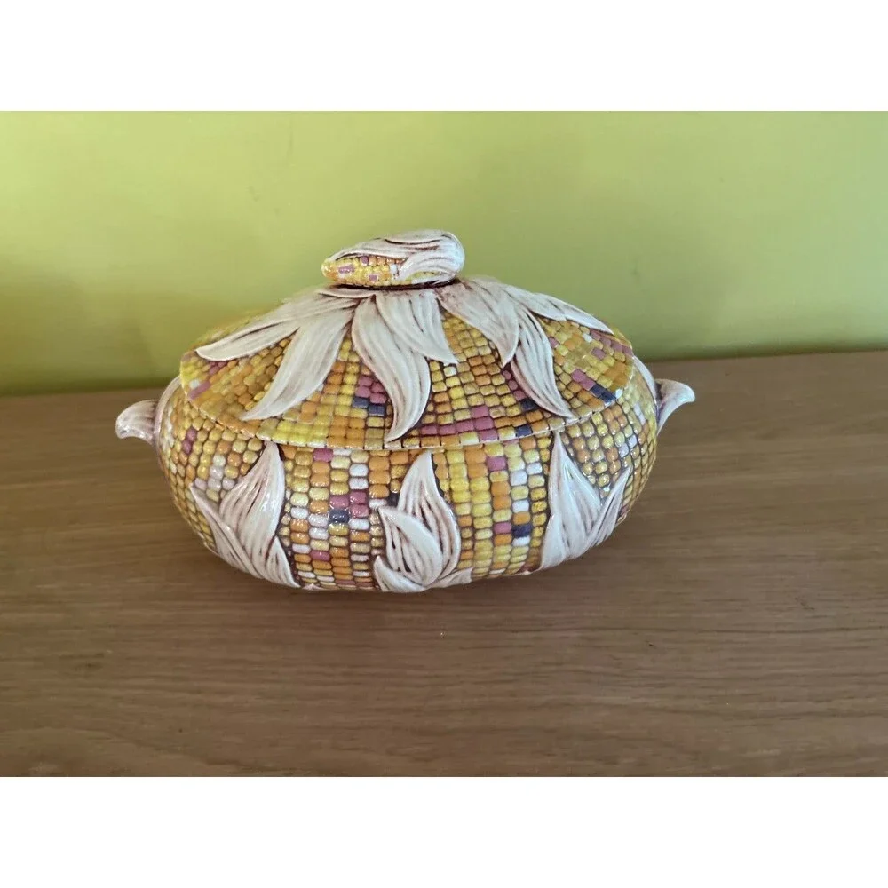 Vintage Ceramic Corn Shaped Covered Casserole Dish Tureen  Mid Century